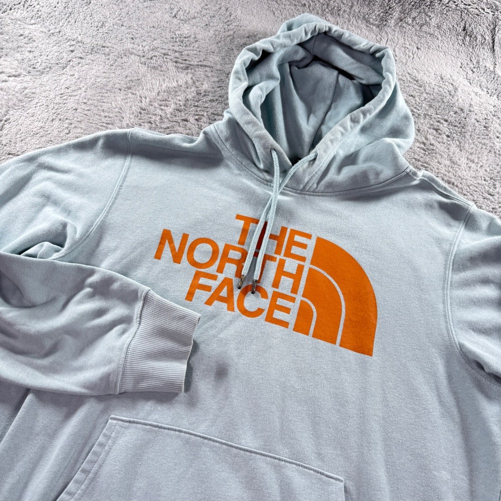 The North Face Mens Light Blue Orange Logo Pullover Hoodie Sweatshirt Size Large